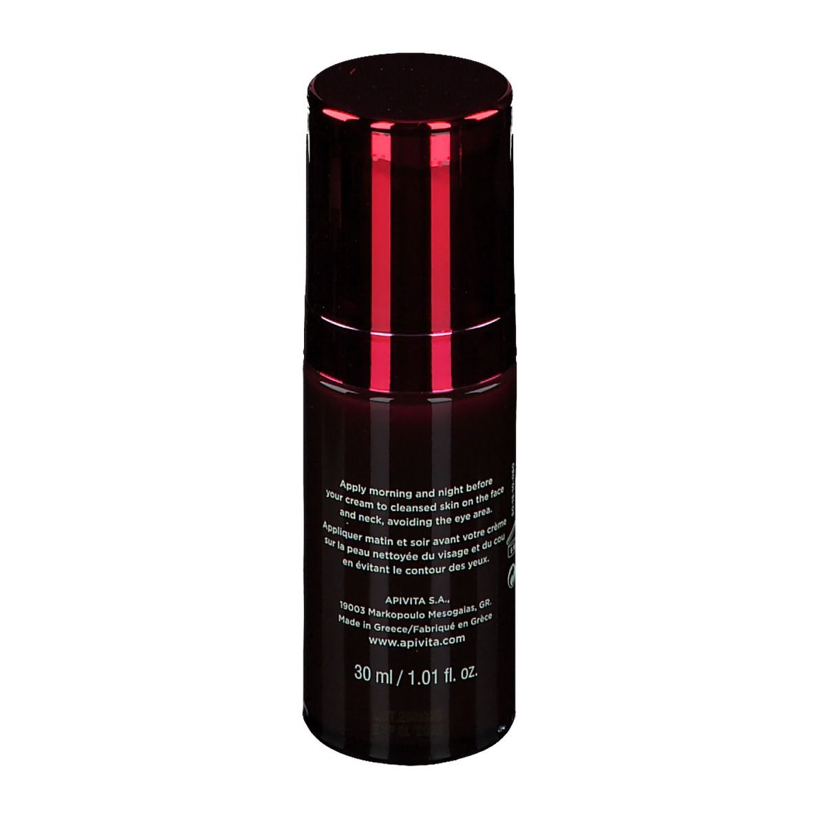 Dunkelrote Flasche mit rotem Deckel. Aufschrift: APIVITA, Wine Elixir, Lift Serum. Text mit Anwendungshinweisen.