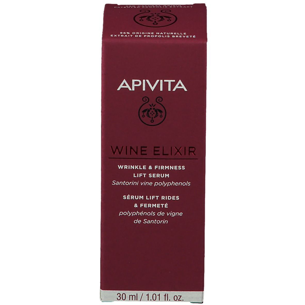Produktverpackung. Aufschrift: APIVITA, Wine Elixir, Lift Serum. Roter Karton mit Produktinformationen.