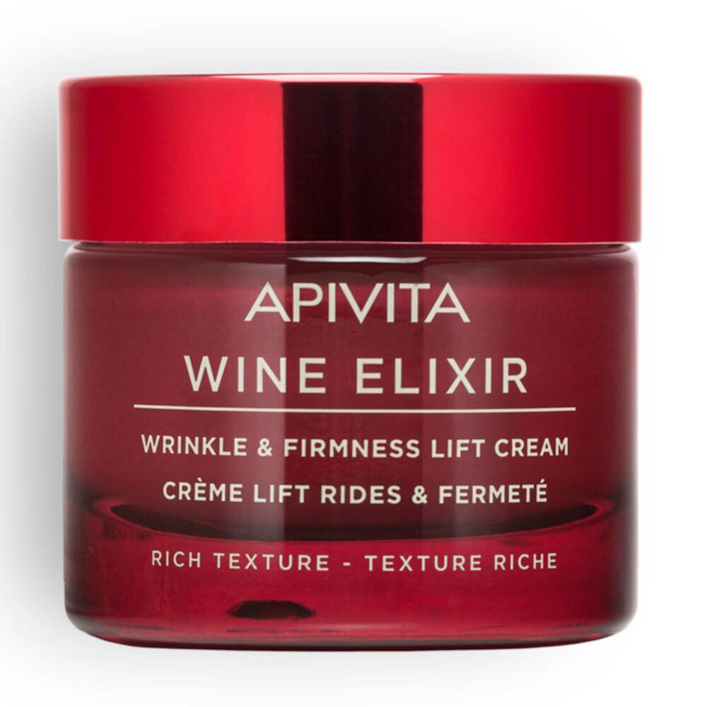 Pot de crème rouge avec couvercle rouge. Inscription : APIVITA WINE ELIXIR, crème anti-rides et fermeté. Texture riche.