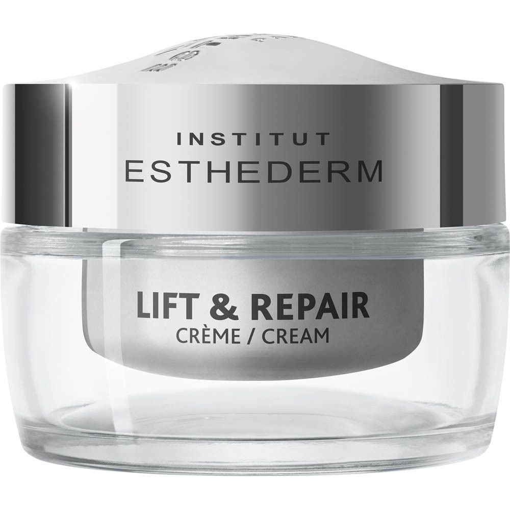 Emballage avec informations produit. Inscription: Institut Esthederm, Lift & Repair, Crème Absolue Lissante. 50 ml.