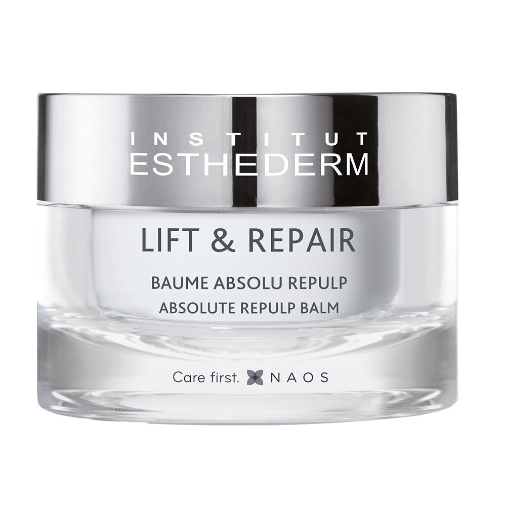 Pot de crème avec couvercle argenté. Inscription : INSTITUT ESTHEDERM, LIFT & REPAIR, BAUME ABSOLU REPULP.
