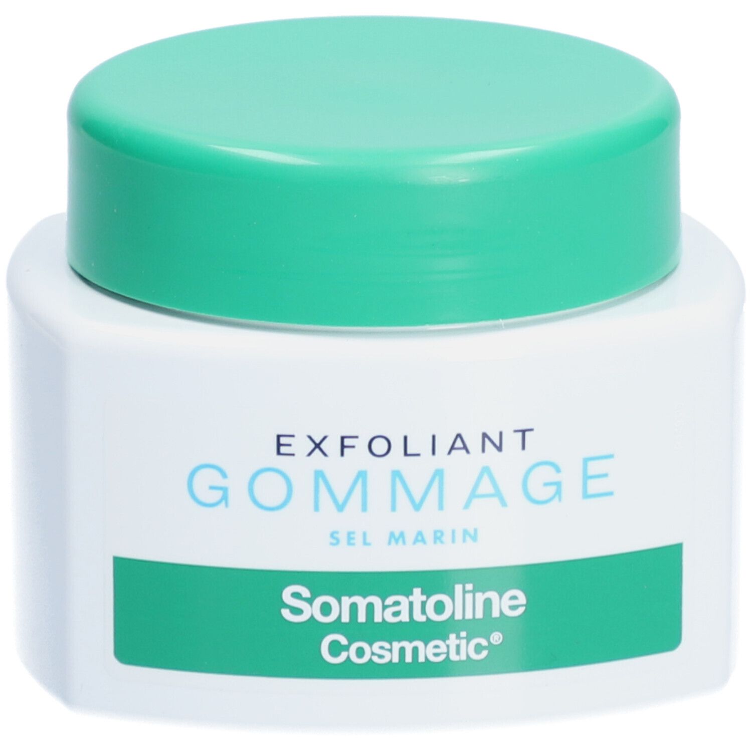 Weißes Tiegel mit grünem Deckel. Aufschrift: EXFOLIANT GOMMAGE SEL MARIN. Marke: Somatoline Cosmetic.