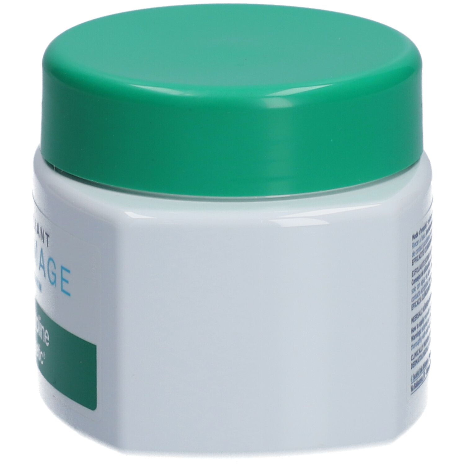 Weißes Tiegel mit grünem Deckel. Seitenansicht. Keine weitere Beschriftung sichtbar.