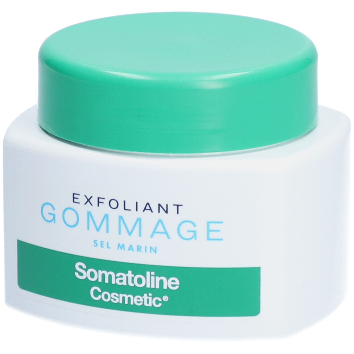Weißes Tiegel mit grünem Deckel. Aufschrift: EXFOLIANT GOMMAGE SEL MARIN. Marke: Somatoline Cosmetic.
