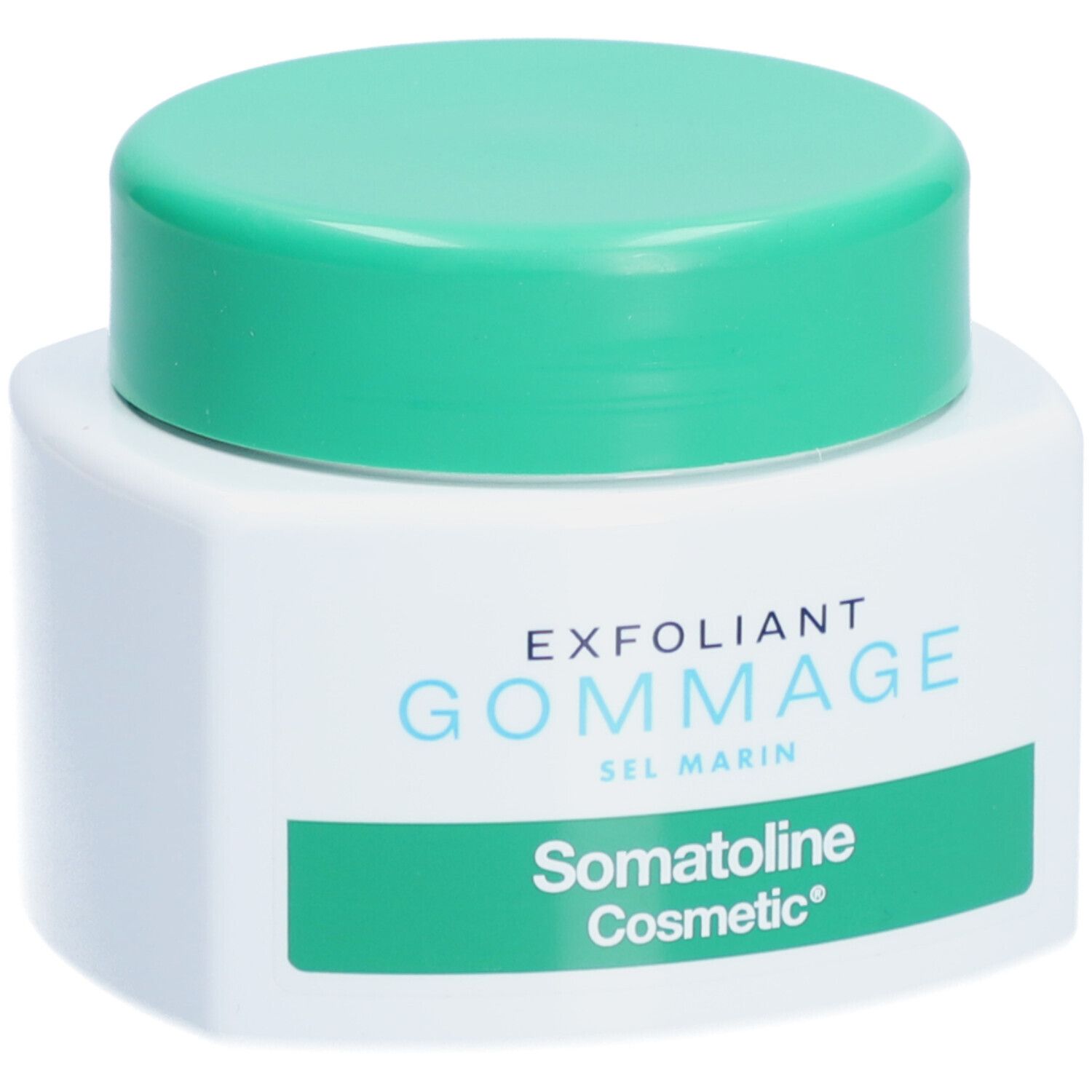 Weißes Tiegel mit grünem Deckel. Aufschrift: EXFOLIANT GOMMAGE SEL MARIN. Marke: Somatoline Cosmetic.