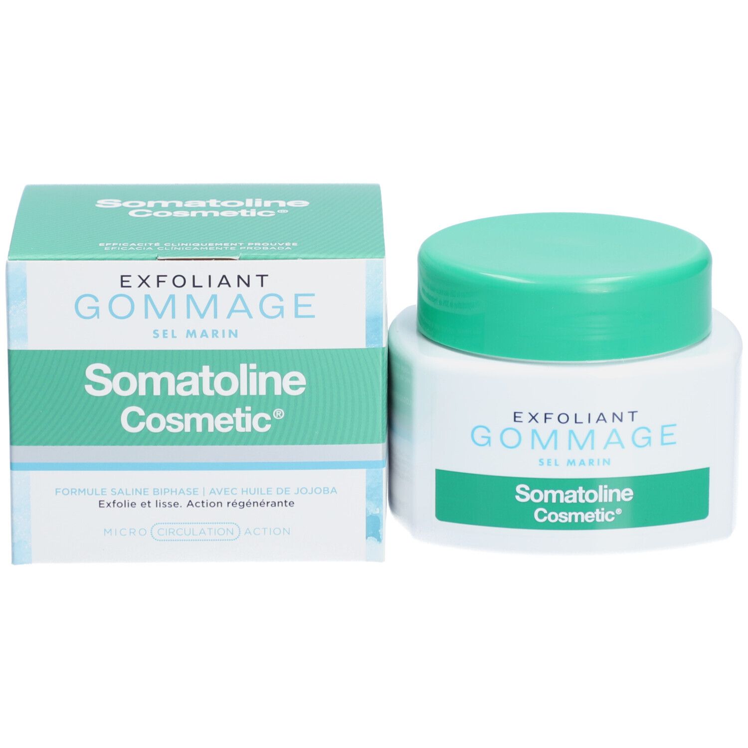 Produkt und Verpackung. Aufschrift: EXFOLIANT GOMMAGE SEL MARIN. Marke: Somatoline Cosmetic.
