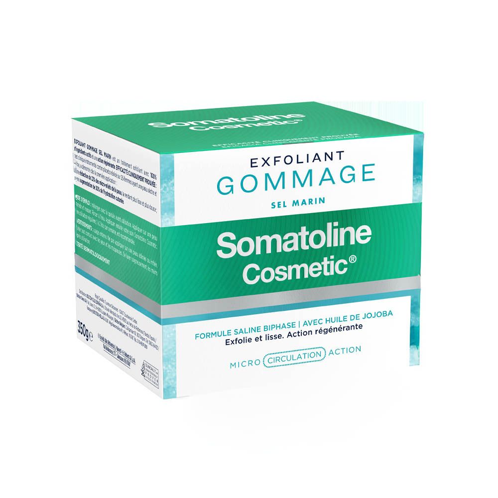 Emballage du produit. Inscription: EXFOLIANT GOMMAGE SEL MARIN. Marque: Somatoline Cosmetic.