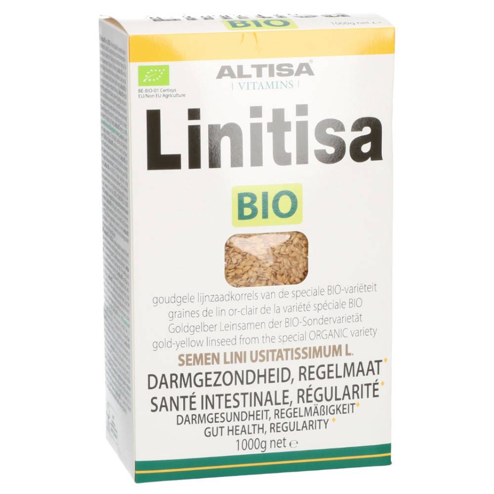 Verpackung von ALTISA Linitisa BIO. Aufschrift: Linitisa BIO, Leinsamen, Darmgesundheit, 1000g.