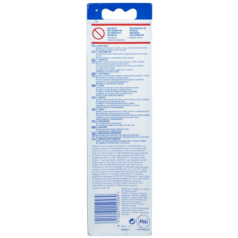 Emballage de brosses à dents, blanc avec suspension bleue. Texte multilingue. Logo P&G en bas à droite.