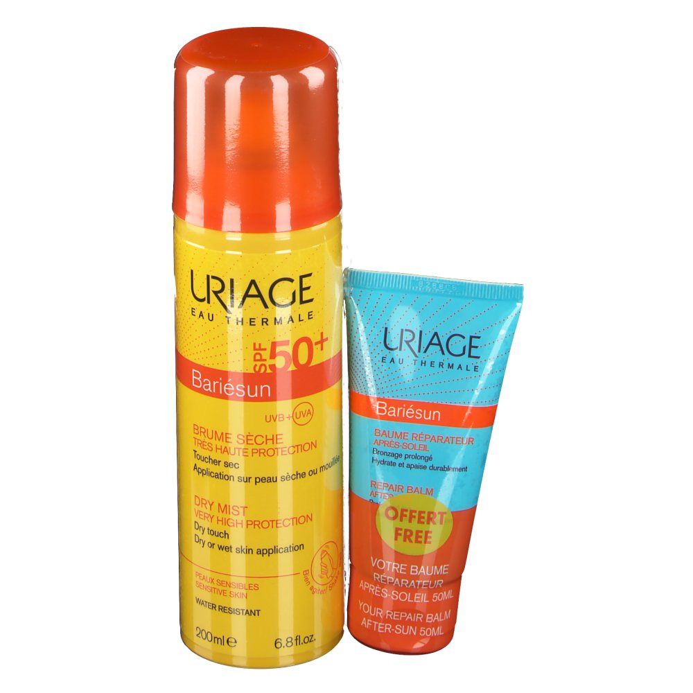 Sonnenschutzspray und After-Sun-Balsam. Spray gelb-orange, Balsam blau-orange. Beide mit URIAGE-Logo und SPF50+.