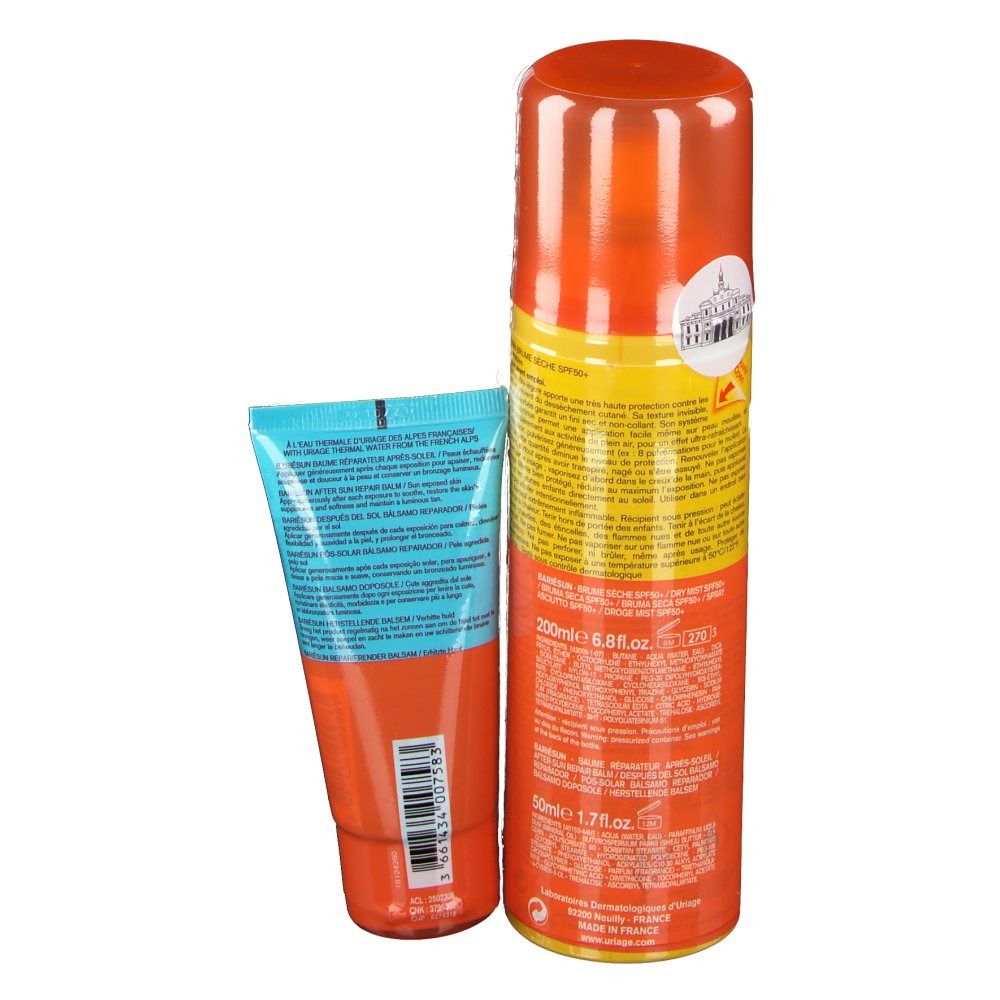 Rückseite von Sonnenschutzspray und After-Sun-Balsam. Gelb-orange Dose, blau-orange Tube. Produktinformationen und Barcode.