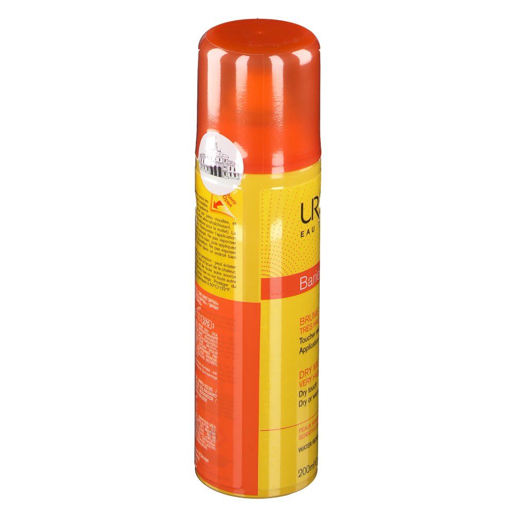 Sonnenschutzspray, gelb-orange Dose mit orangefarbenem Deckel. Produktinformationen und Barcode aufgedruckt.
