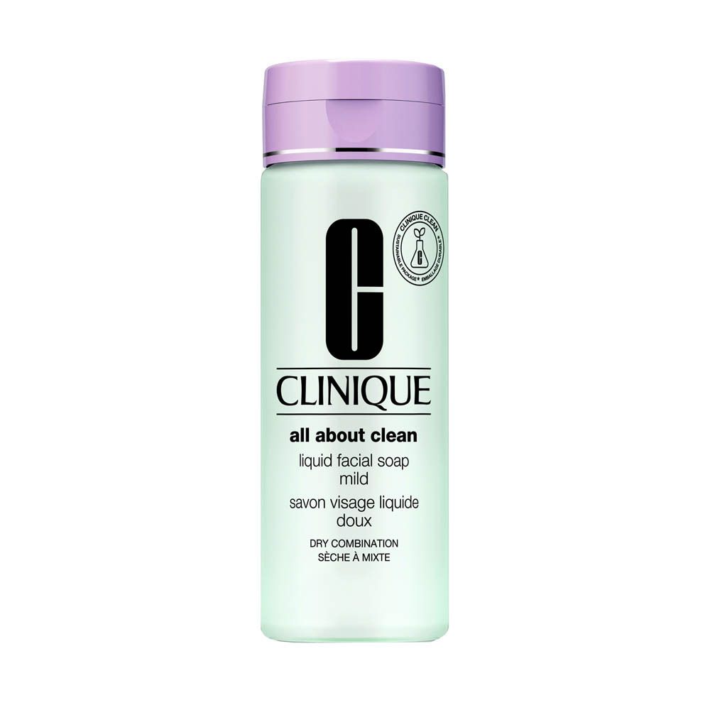 Clinique All About Clean Flüssigseife, mild, für trockene bis Mischhaut. Hellgrüne Flasche mit lila Verschluss.