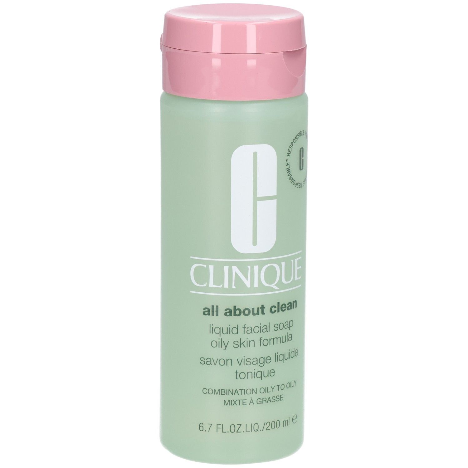 Savon liquide Clinique All About Clean pour peau grasse, flacon de 200 ml.