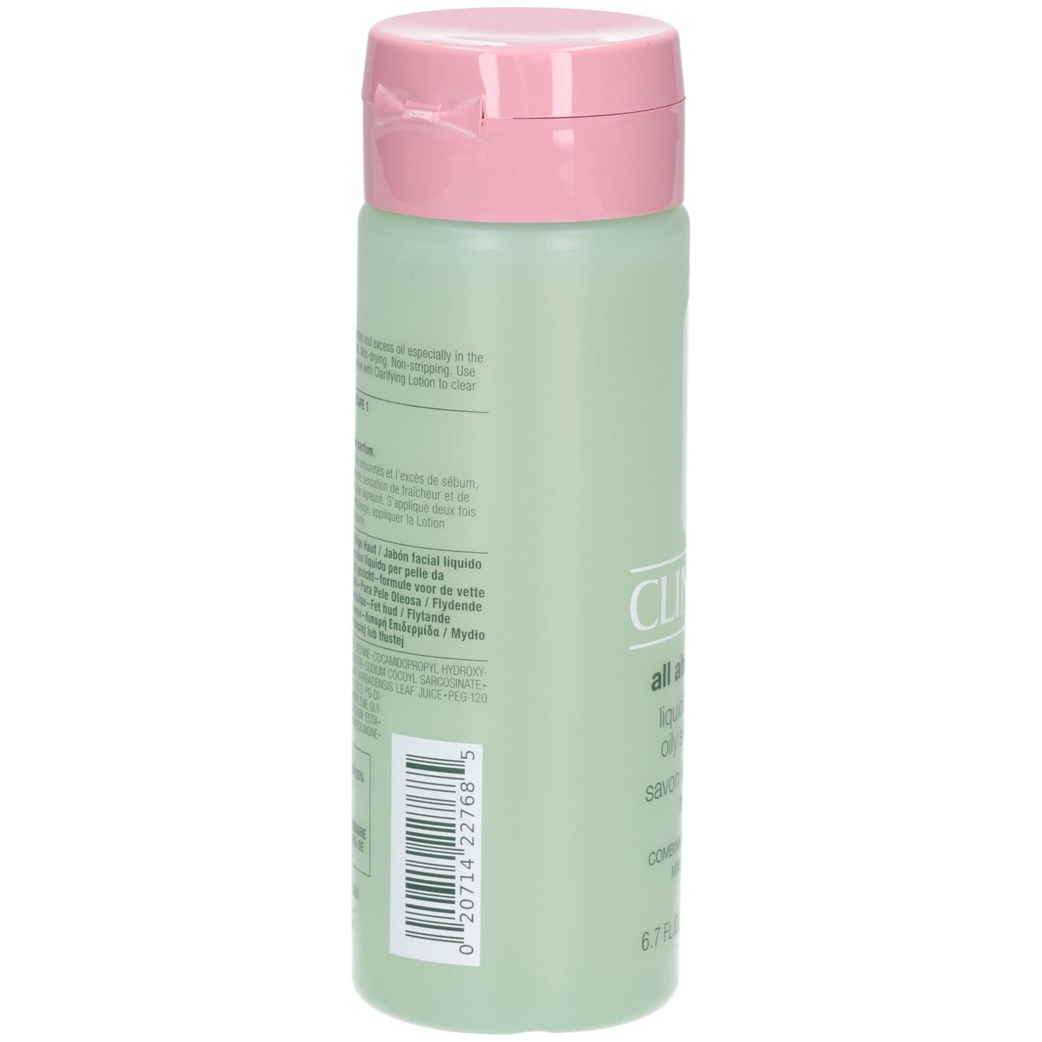 Dos de la bouteille de savon liquide Clinique All About Clean pour peau grasse, 200 ml.