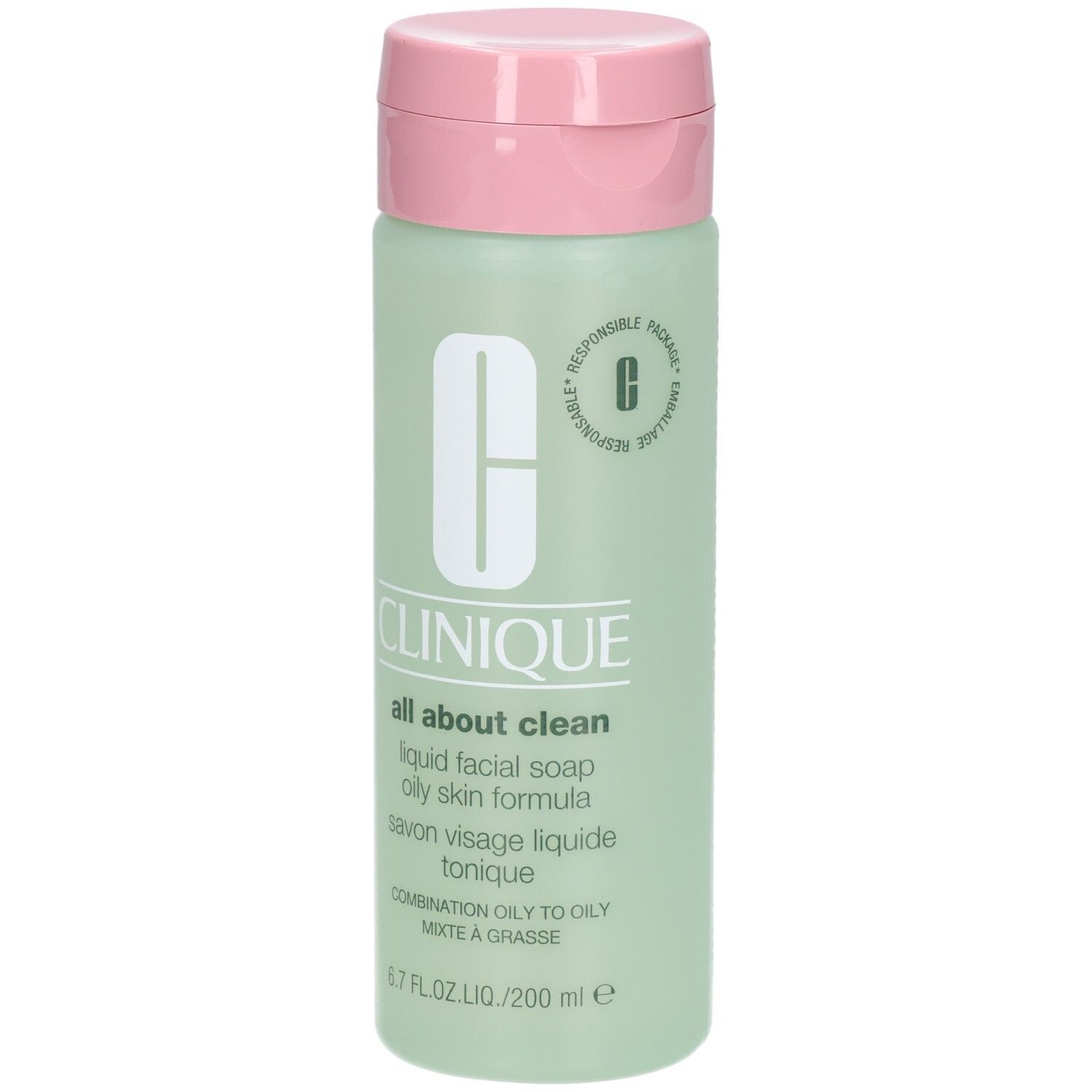 Savon liquide Clinique All About Clean pour peau grasse, flacon de 200 ml.