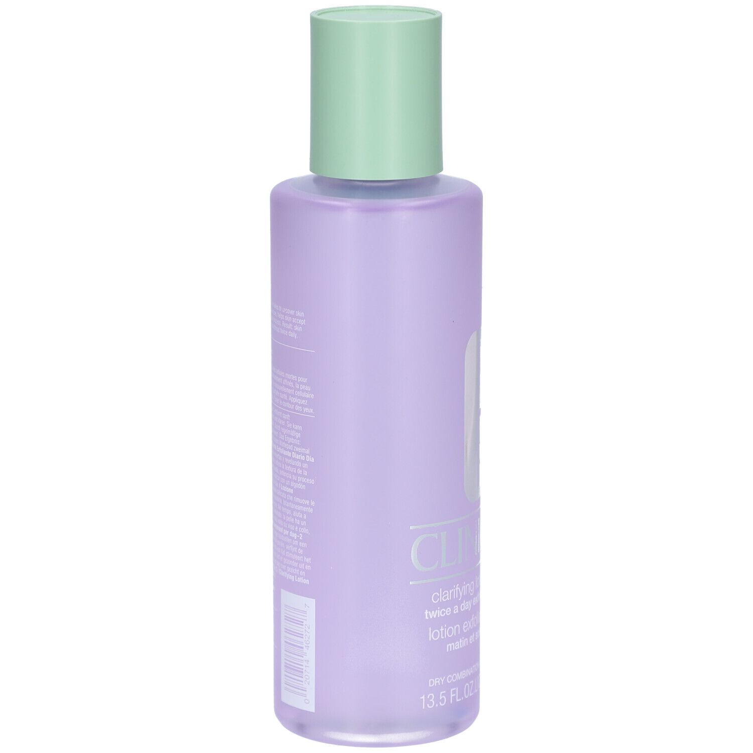 Dos du flacon Clinique Lotion clarifiante Step-2. Texte sur flacon violet. Bouchon vert.