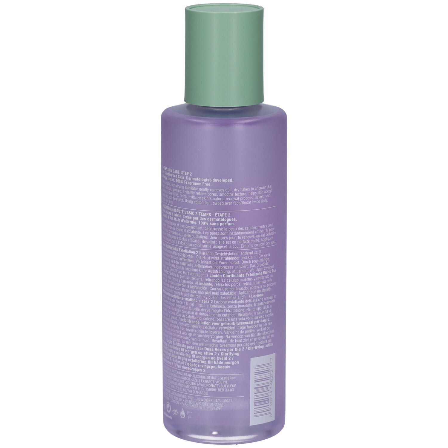 Dos du flacon Clinique Lotion clarifiante Step-2. Texte sur flacon violet. Bouchon vert.