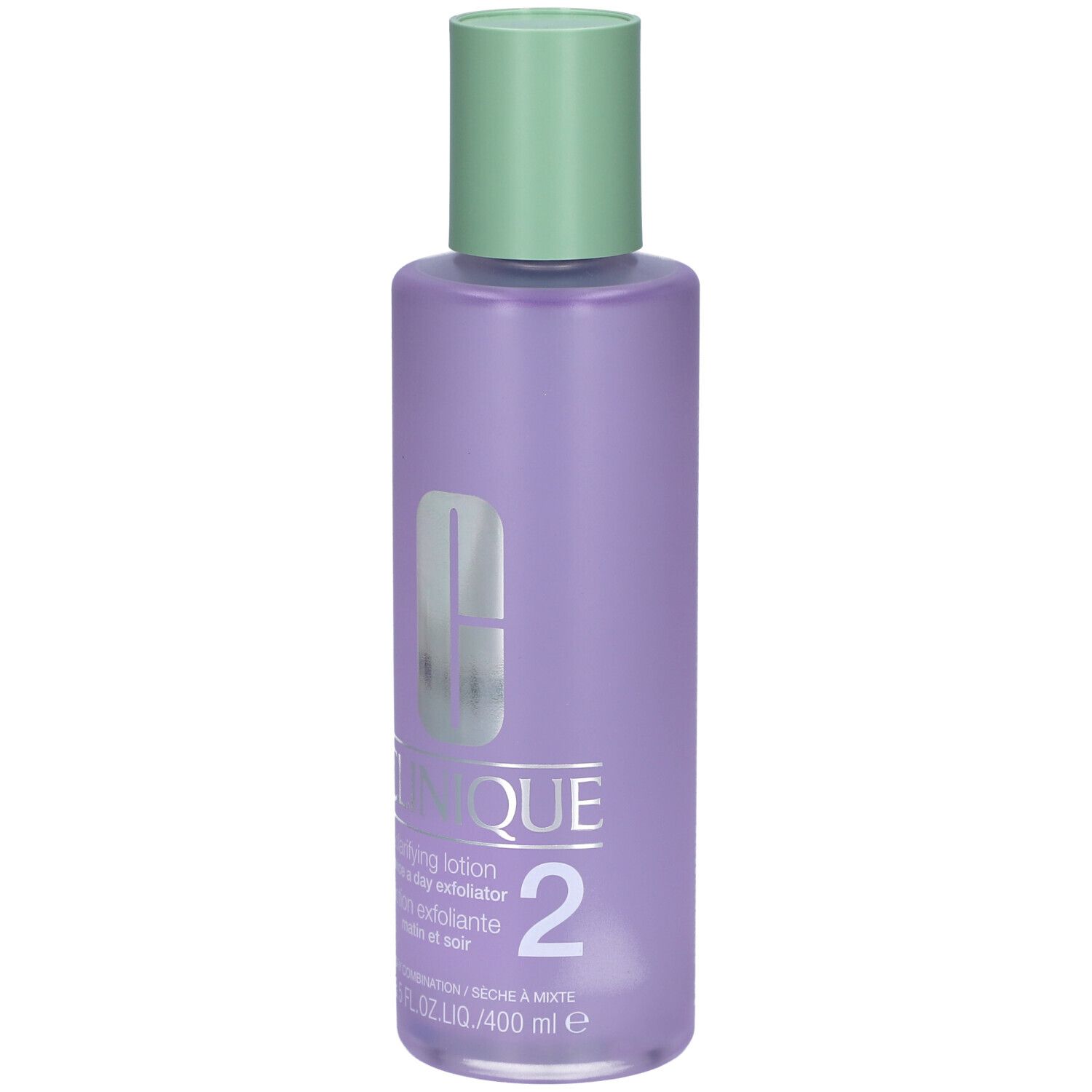 Flacon Clinique Lotion clarifiante Step-2. Flacon violet avec bouchon vert. Nom du produit et numéro 2.