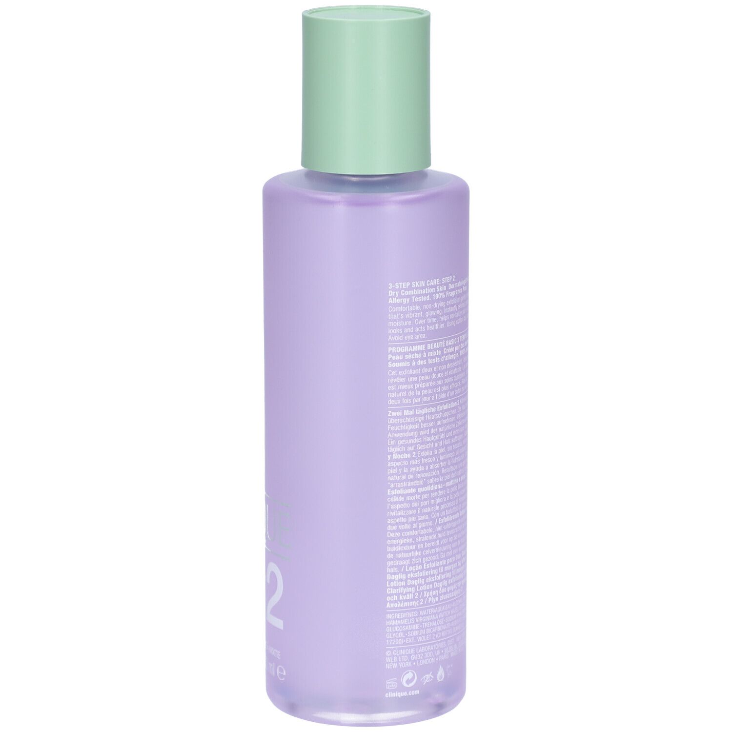 Dos du flacon Clinique Lotion clarifiante Step-2. Texte sur flacon violet. Bouchon vert.