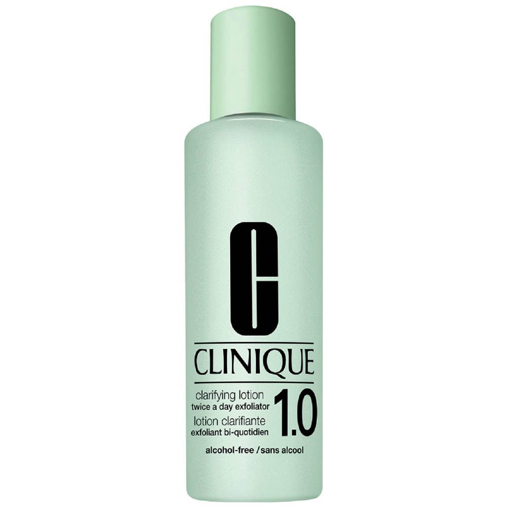 Clinique Clarifying Lotion 1.0, 200ml, in hellgrüner Flasche mit weißem Etikett und schwarzem Logo.