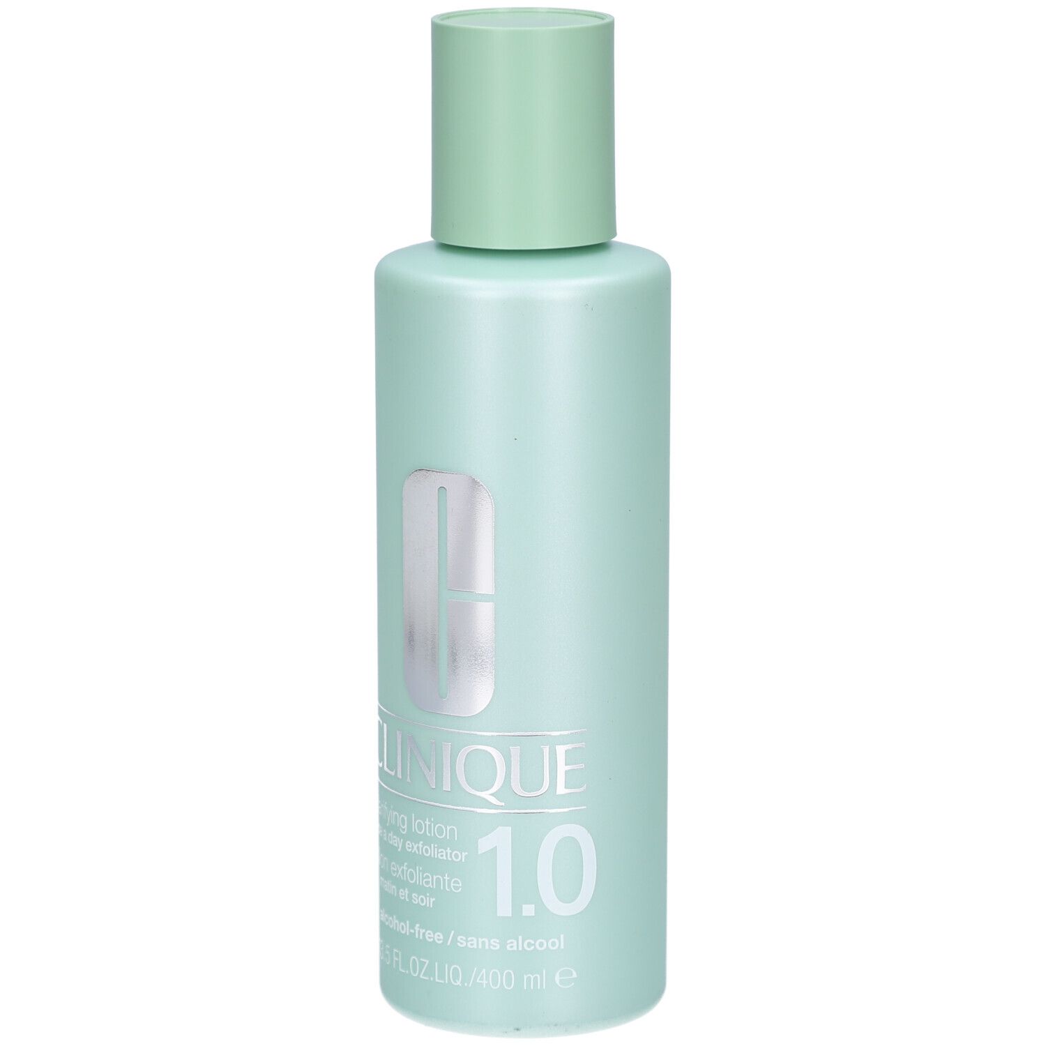 Hellgrüne Flasche mit hellgrünem Deckel. Aufschrift: Clinique Clarifying Lotion 1.0. Alkohol-frei. 13.5 FL.OZ./400 ml.