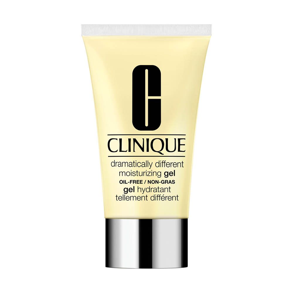 Clinique Feuchtigkeitsgel-Tube mit silbernem Verschluss. Text: Dramatically Different Moisturizing Gel.