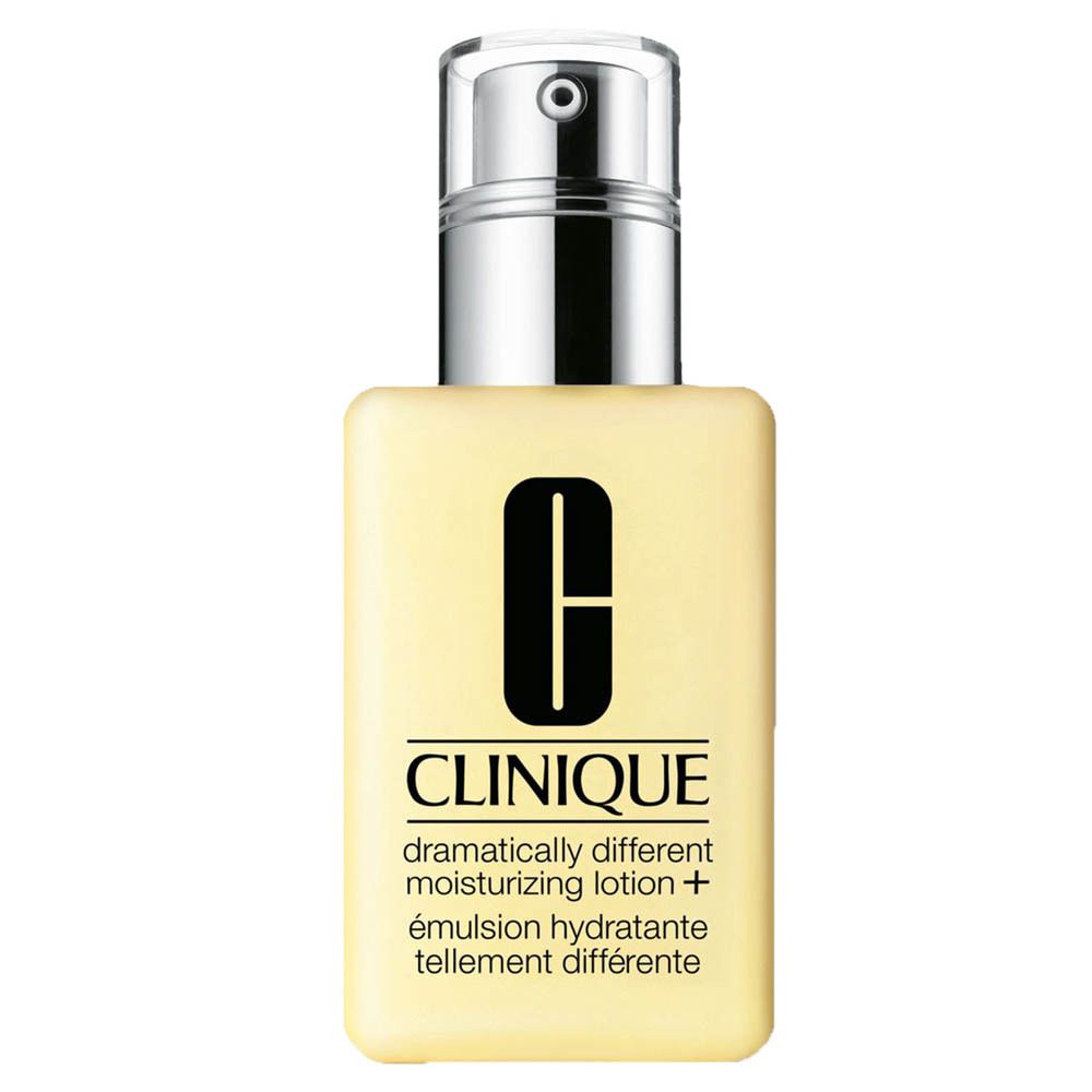 Clinique Feuchtigkeitslotion in gelber Flasche mit Pumpspender.