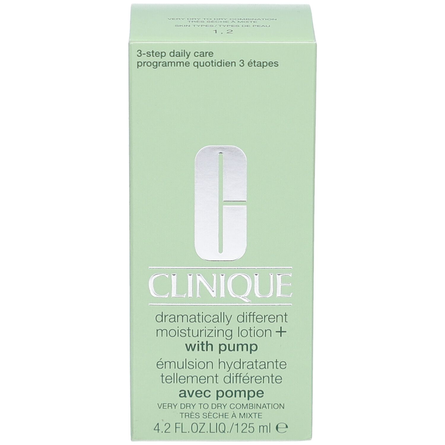 Boîte verte Clinique. Inscription: Dramatically Different Moisturizing Lotion+ with pump. 4.2 fl.oz.liq./125 ml.