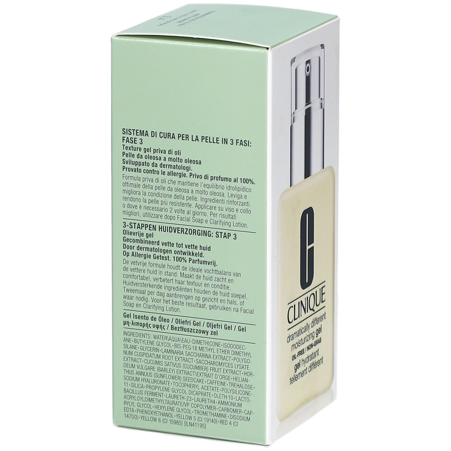 Rückseite der Verpackung. Text: Sistema di cura per la pelle in 3 fasi. 3-Stappen huidverzorging. Clinique, Dramatically Different Moisturizing Gel, Ölfrei.