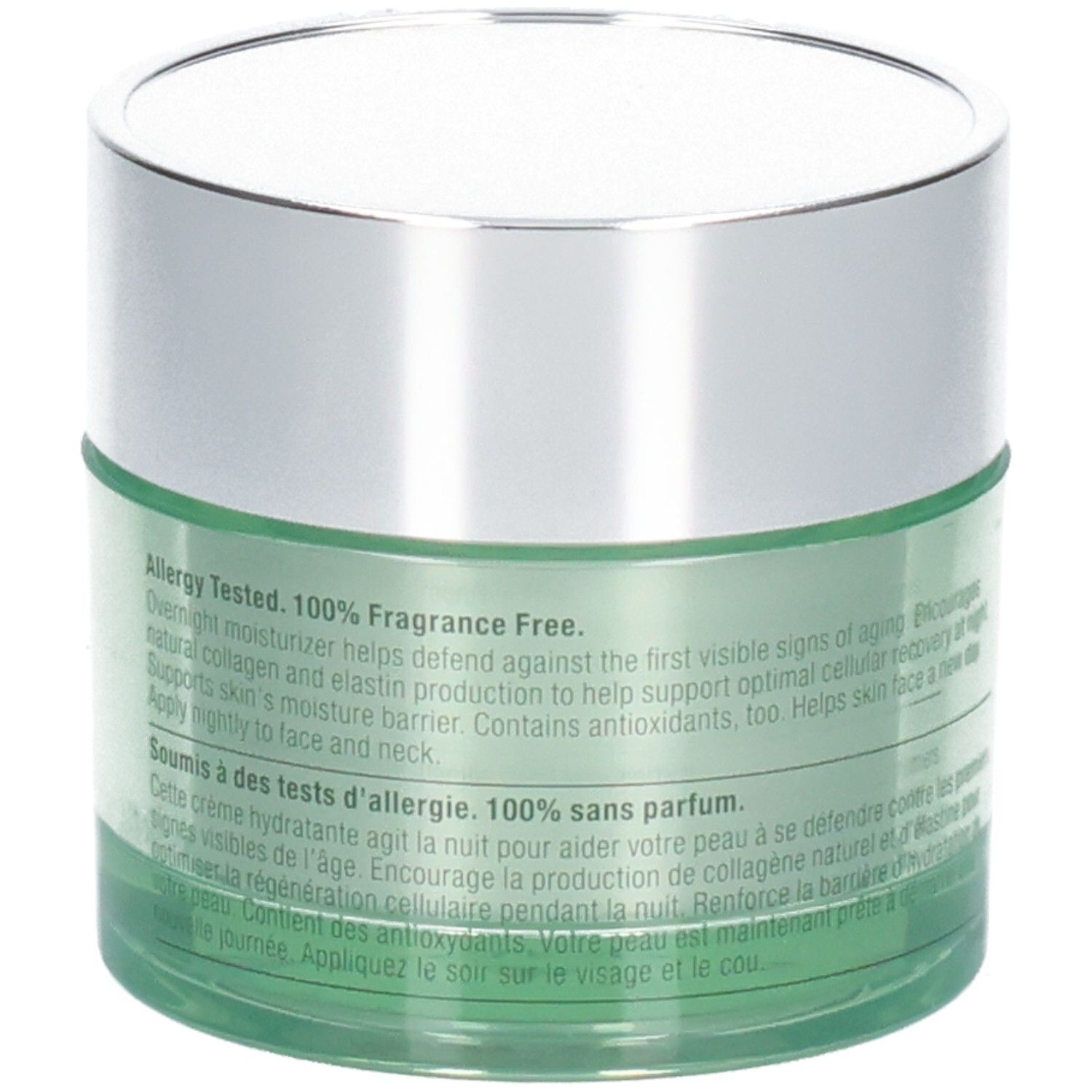 Rückseite eines grünen Tiegels mit silbernem Deckel, Clinique Superdefense Night Recovery Moisturizer.