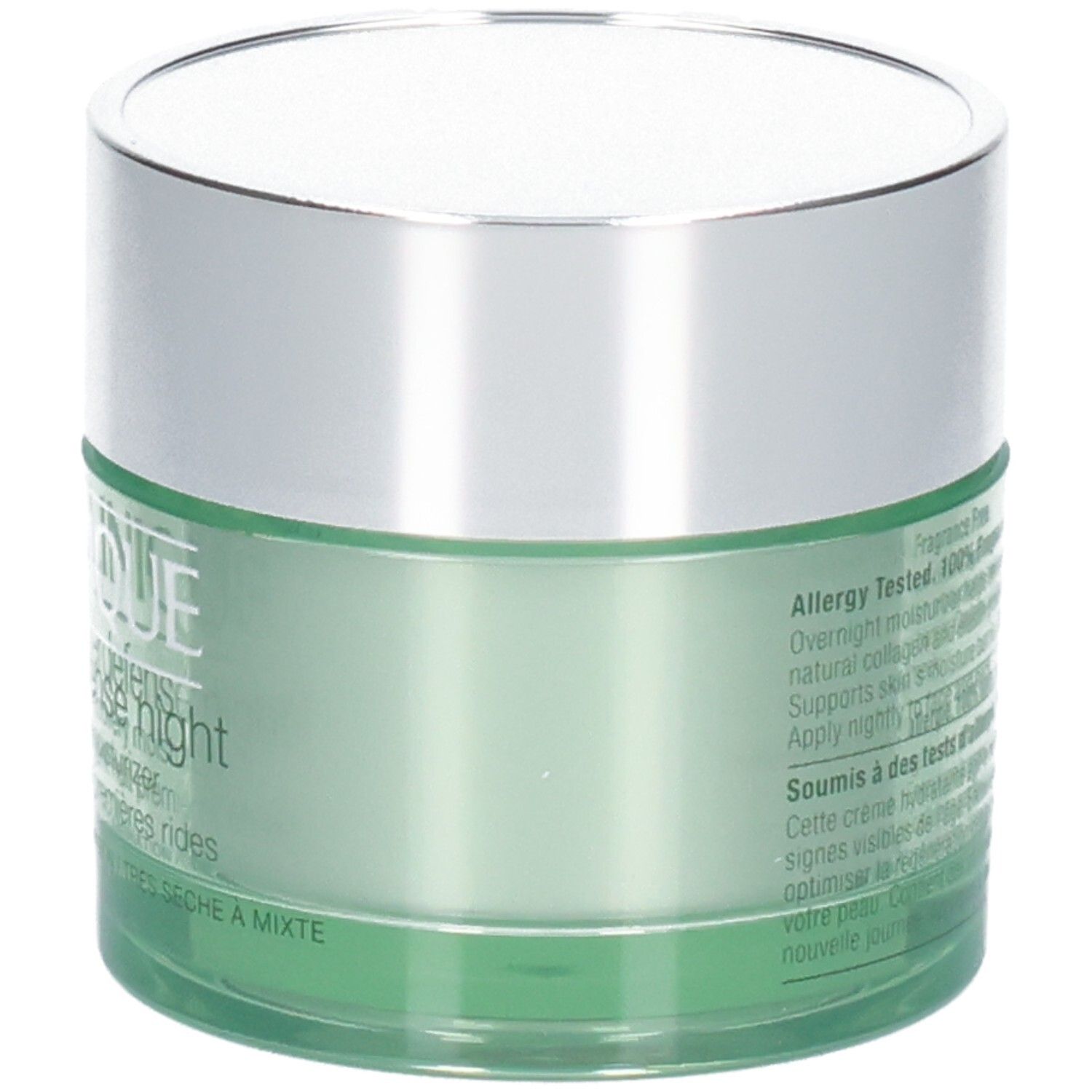 Seitenansicht eines grünen Tiegels mit silbernem Deckel, Clinique Superdefense Night Recovery Moisturizer.