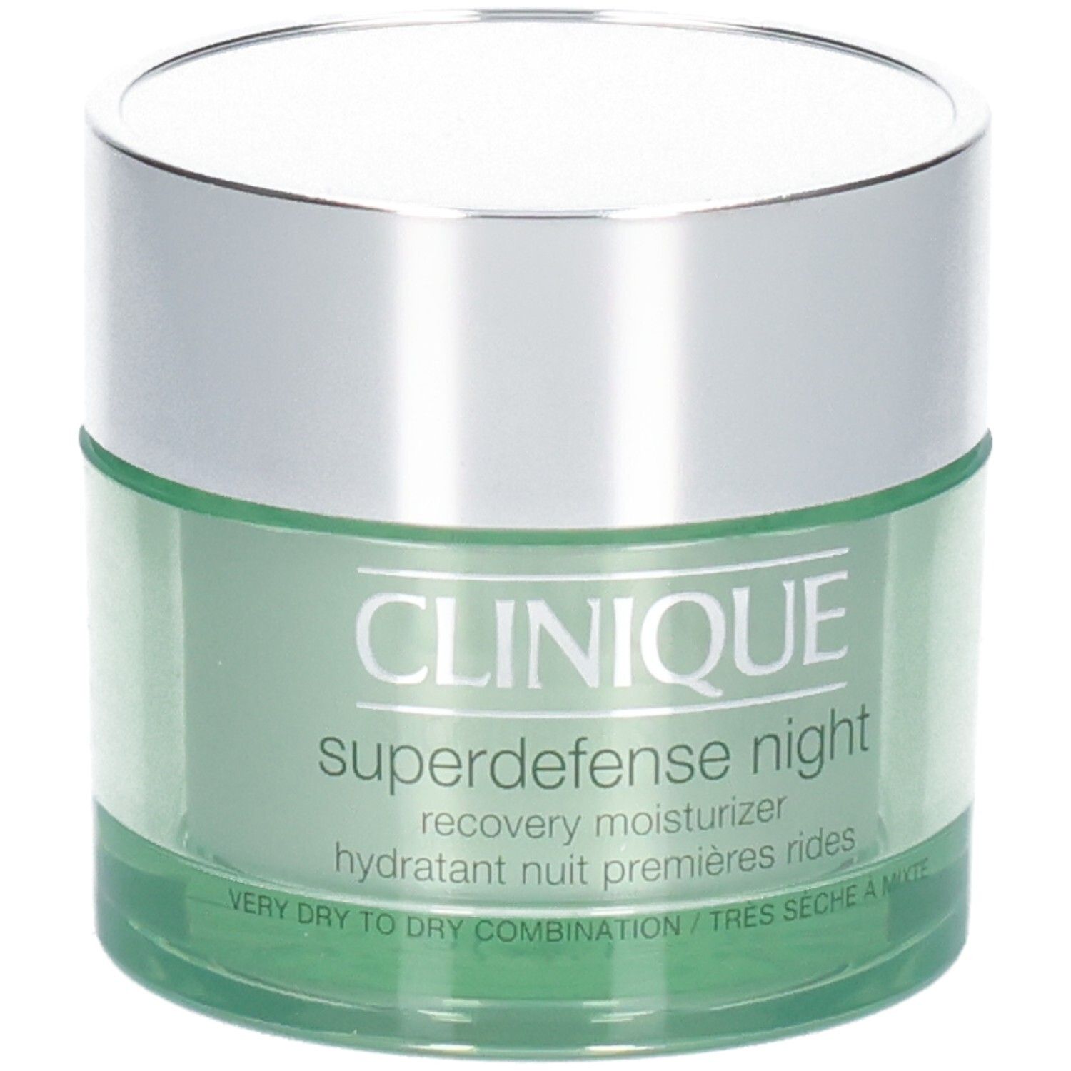 Grüner Tiegel mit silbernem Deckel, Clinique Superdefense Night Recovery Moisturizer, für sehr trockene bis trockene Mischhaut.