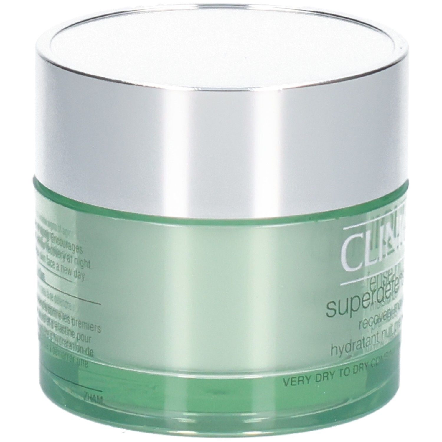Grüner Tiegel mit silbernem Deckel, Clinique Superdefense Night Recovery Moisturizer, für sehr trockene bis trockene Mischhaut.