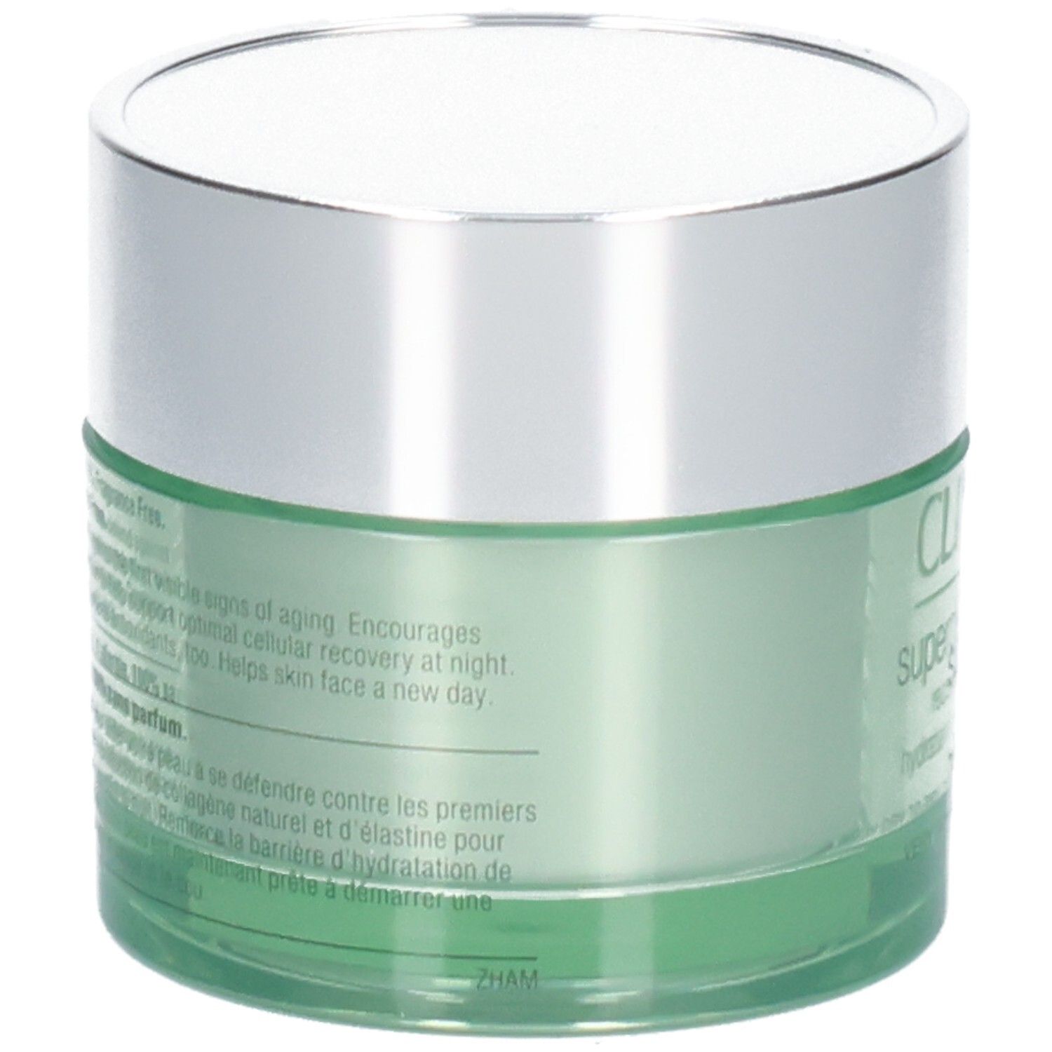 Grüner Tiegel mit silbernem Deckel, Clinique Superdefense Night Recovery Moisturizer, für sehr trockene bis trockene Mischhaut.