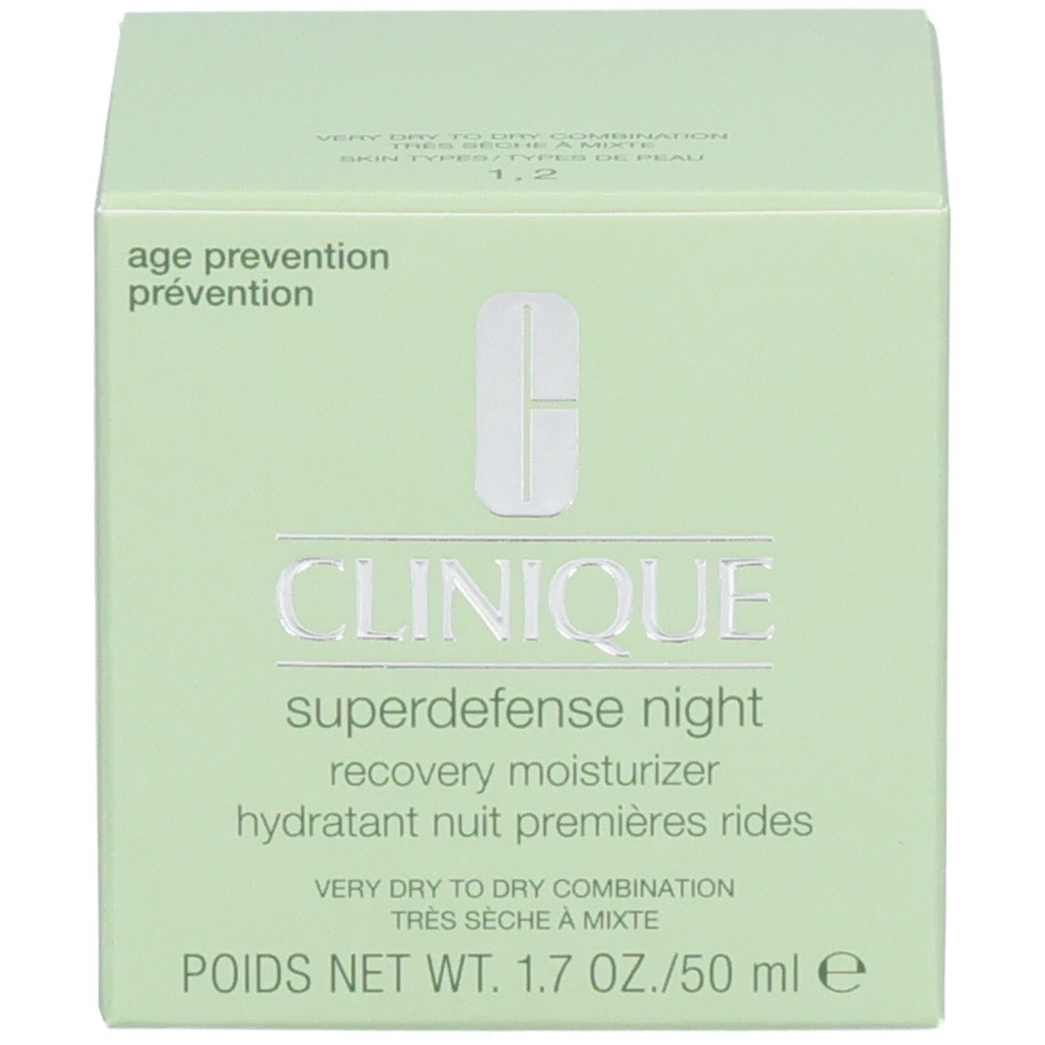Grüne Box mit Clinique Superdefense Night Recovery Moisturizer Aufdruck, 50 ml.