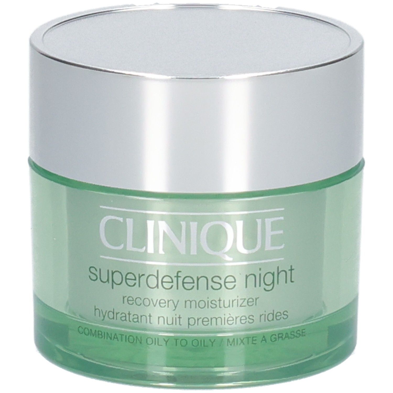 Grünes Tiegel mit silbernem Deckel. Aufschrift: CLINIQUE, Superdefense night, recovery moisturizer.