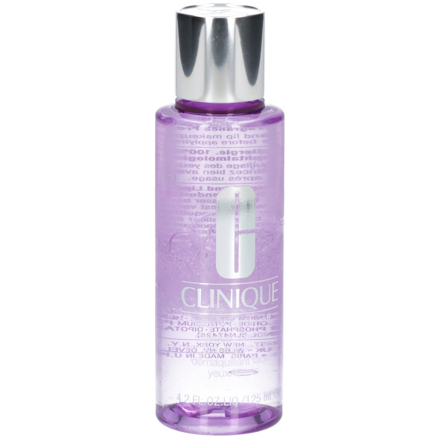 Clinique Make-up Entferner, 125 ml, transparente Flasche mit silbernem Deckel.