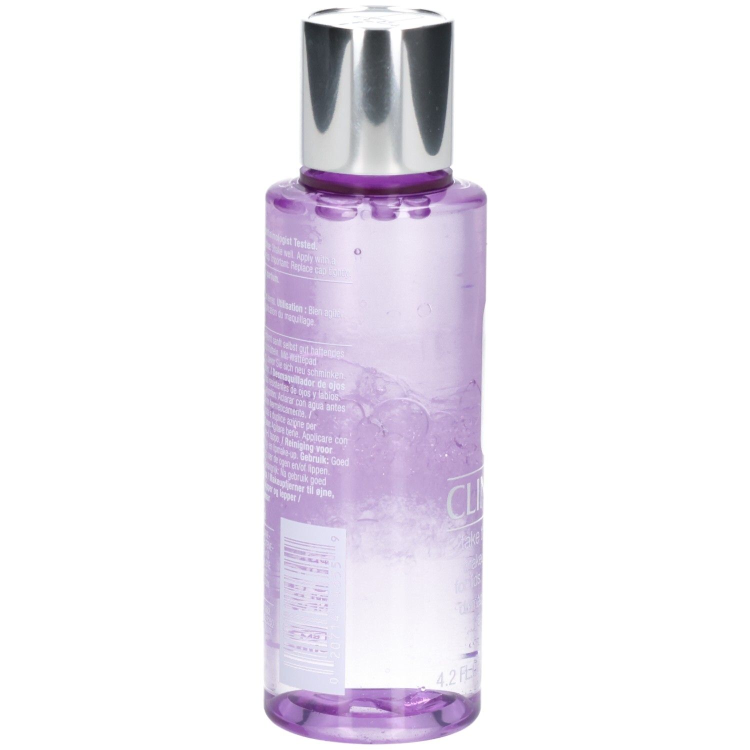 Clinique Make-up Entferner, Rückseite der Flasche mit Inhaltsstoffen und Anweisungen.