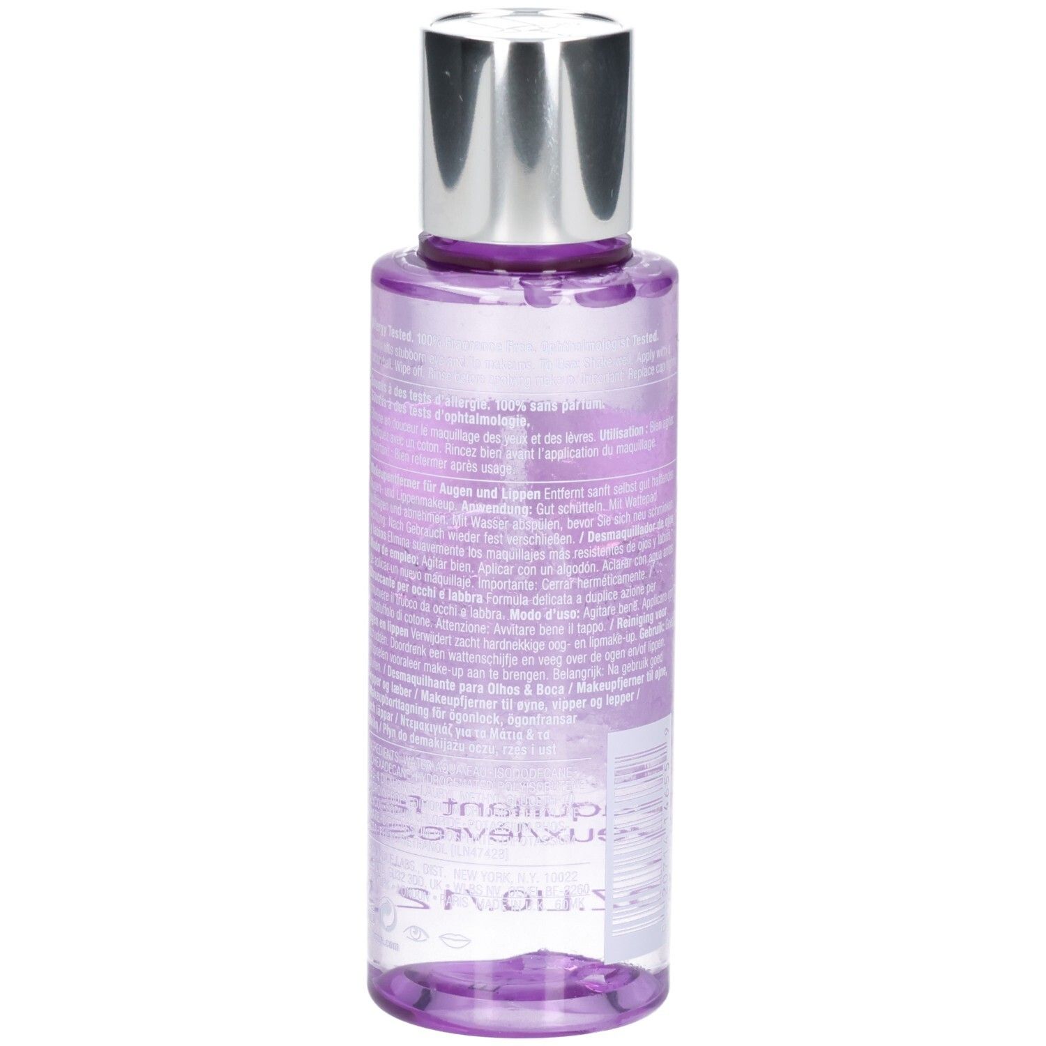 Clinique Make-up Entferner, Rückseite der Flasche mit Produktinformationen.