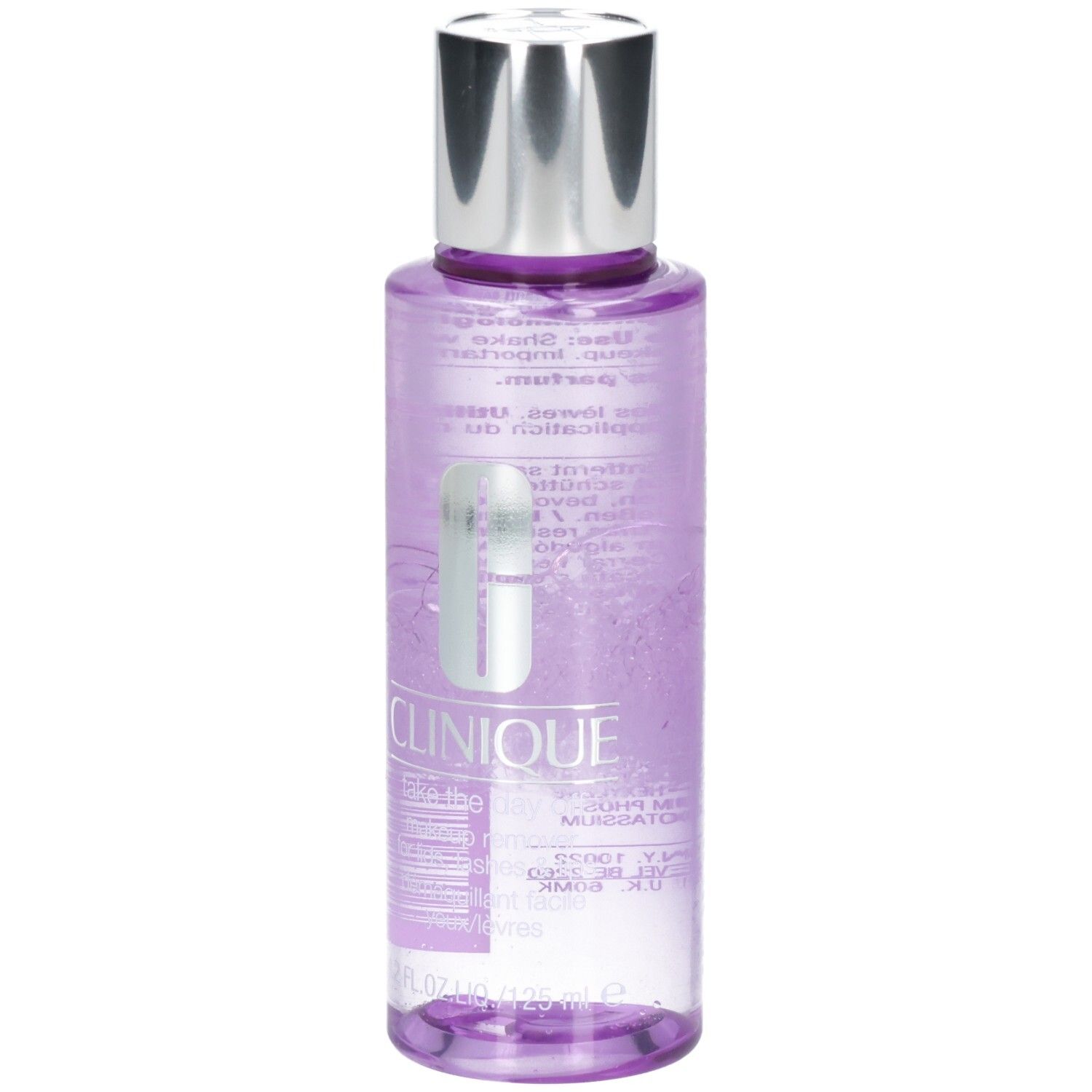 Clinique Make-up Entferner, 125 ml, transparente Flasche mit silbernem Deckel.