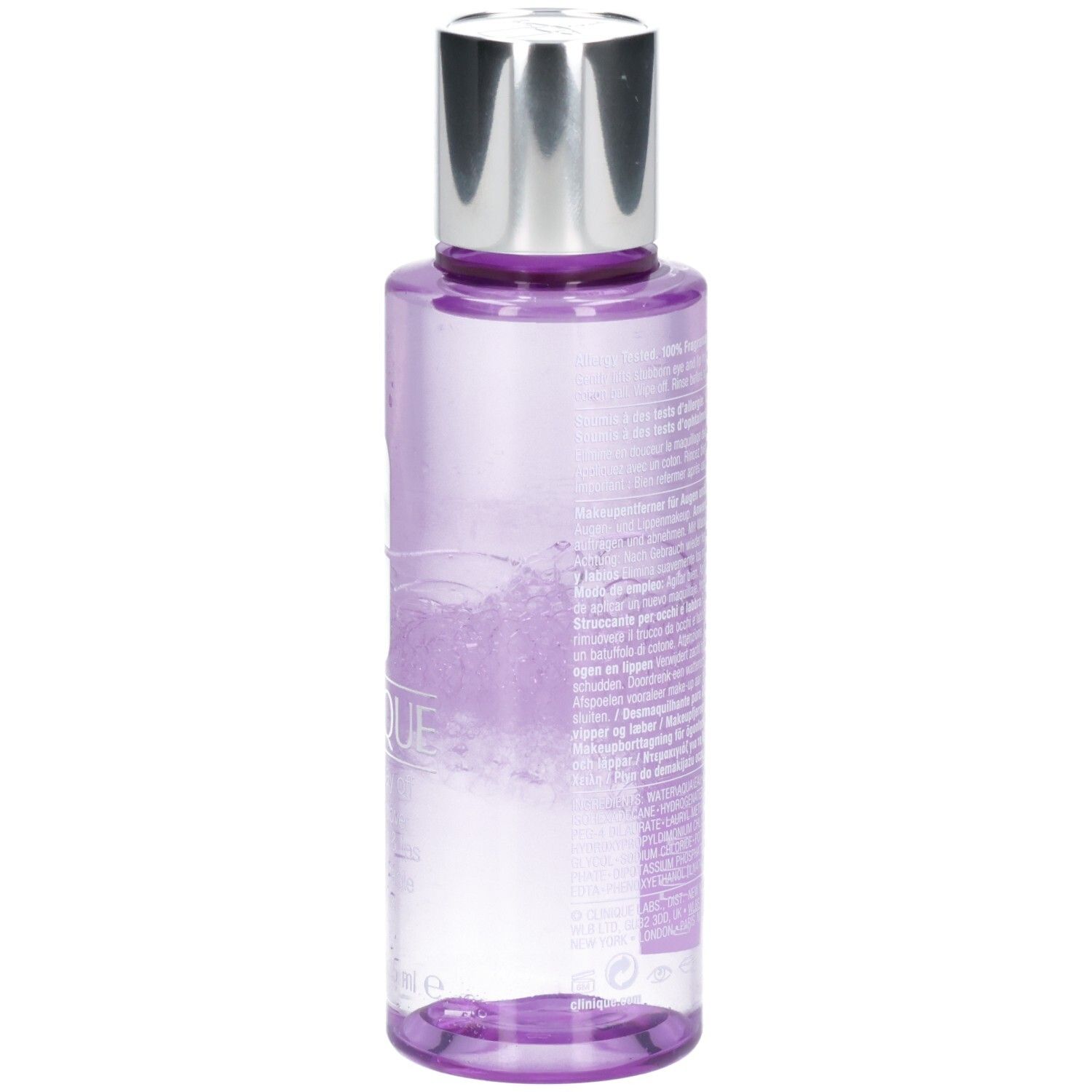 Clinique Make-up Entferner, Seite der Flasche mit Produktinformationen.
