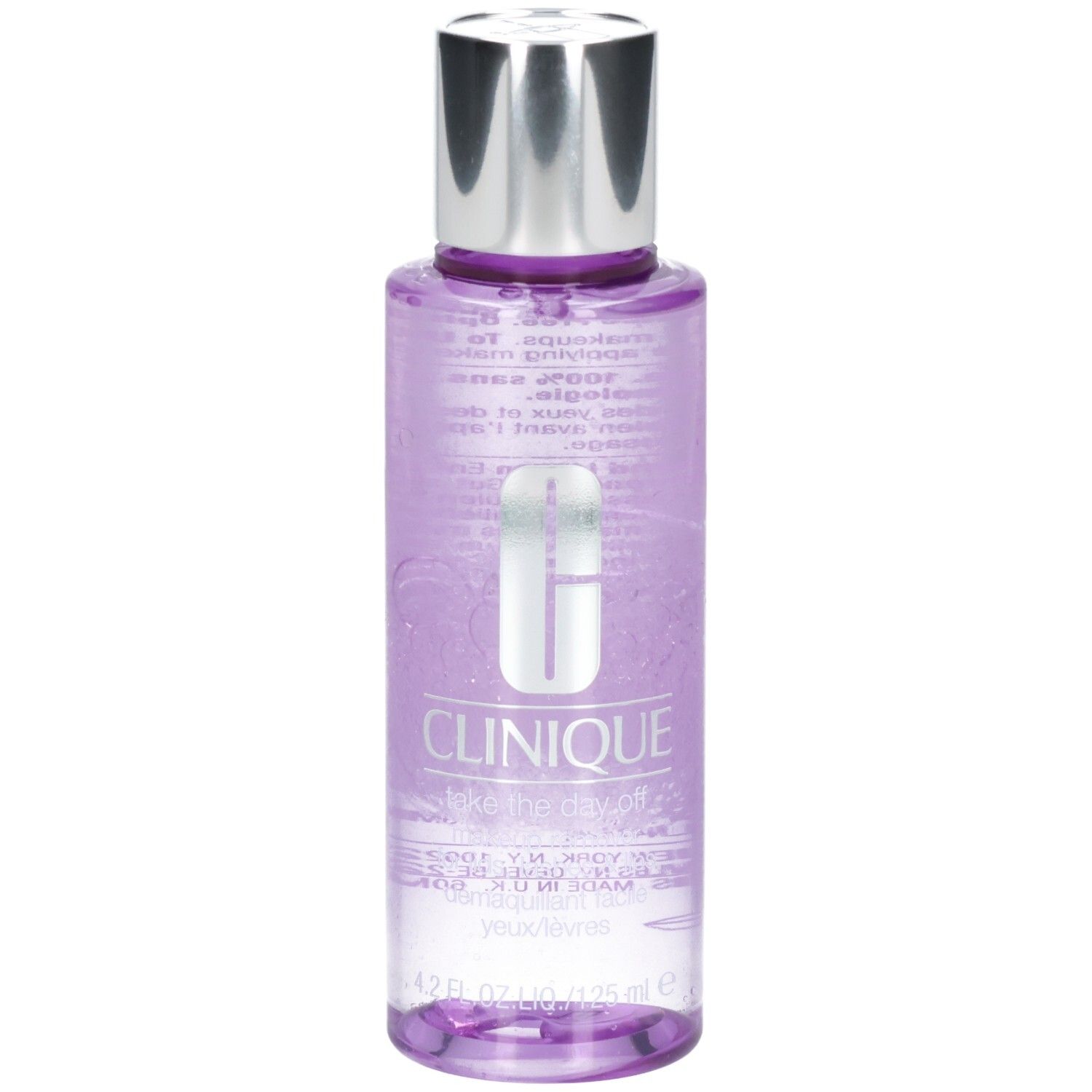 Clinique Make-up Entferner, 125 ml, transparente Flasche mit silbernem Deckel.