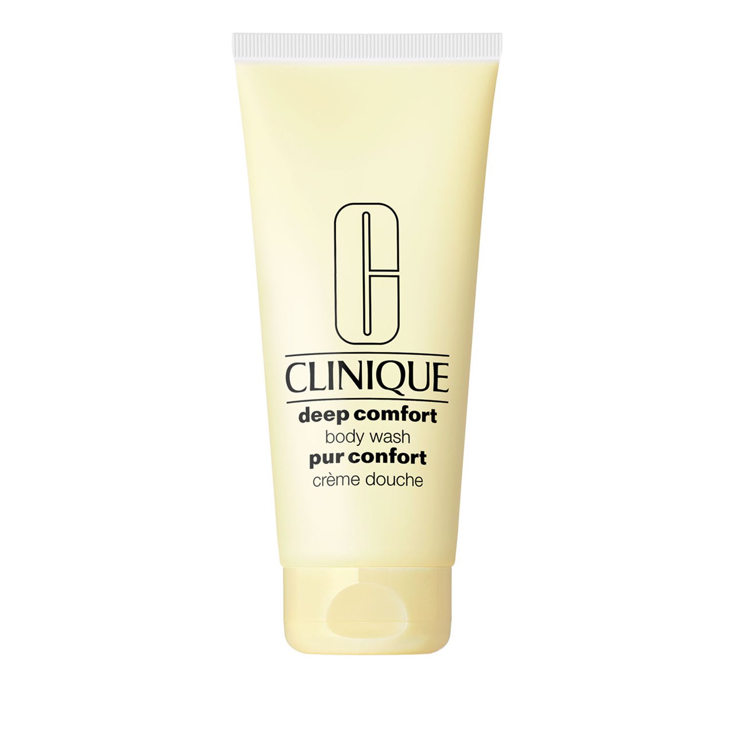 Creme-Duschgel-Tube. Marke Clinique, Schriftzug "Deep Comfort Body Wash". Gelbliche Tube mit weißem Deckel.