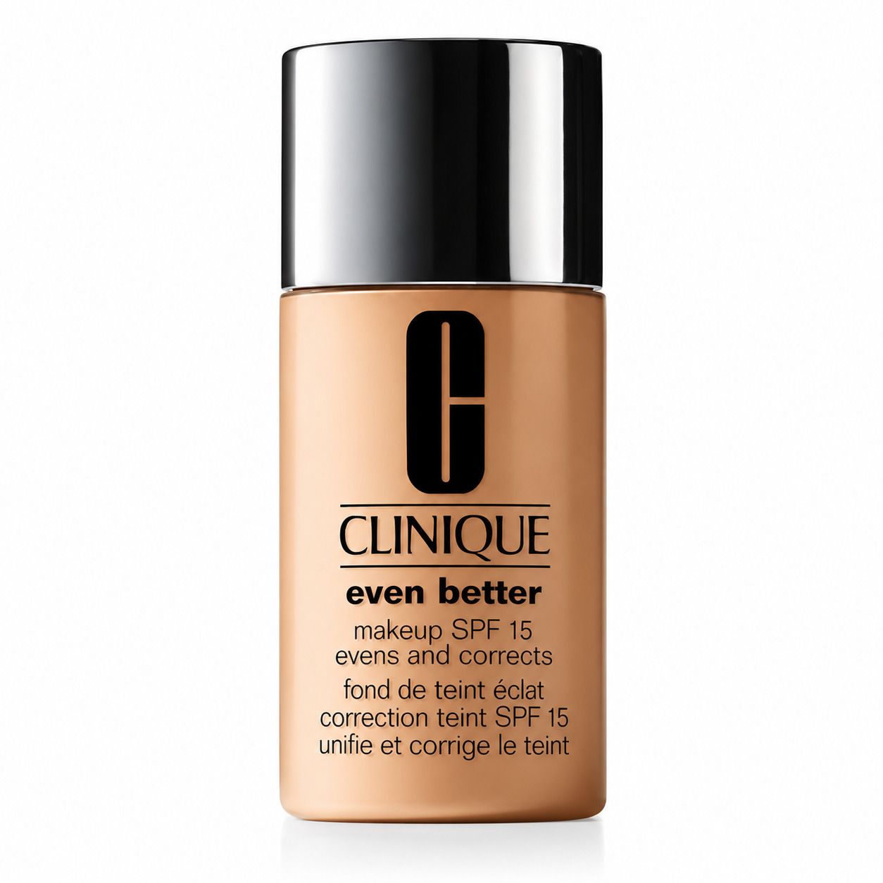 Clinique Even Better Make-up SPF 15 in einem beigefarbenen Flakon mit silbernem Deckel.