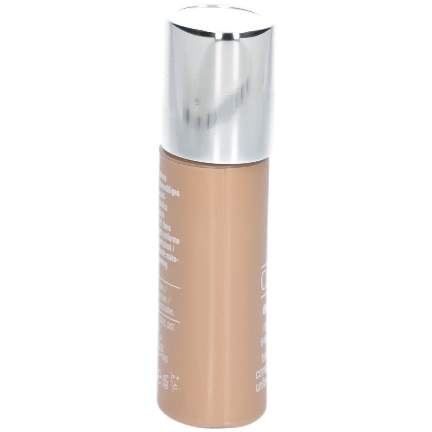 Beige Foundation-Flasche mit silbernem Deckel und Etikett.