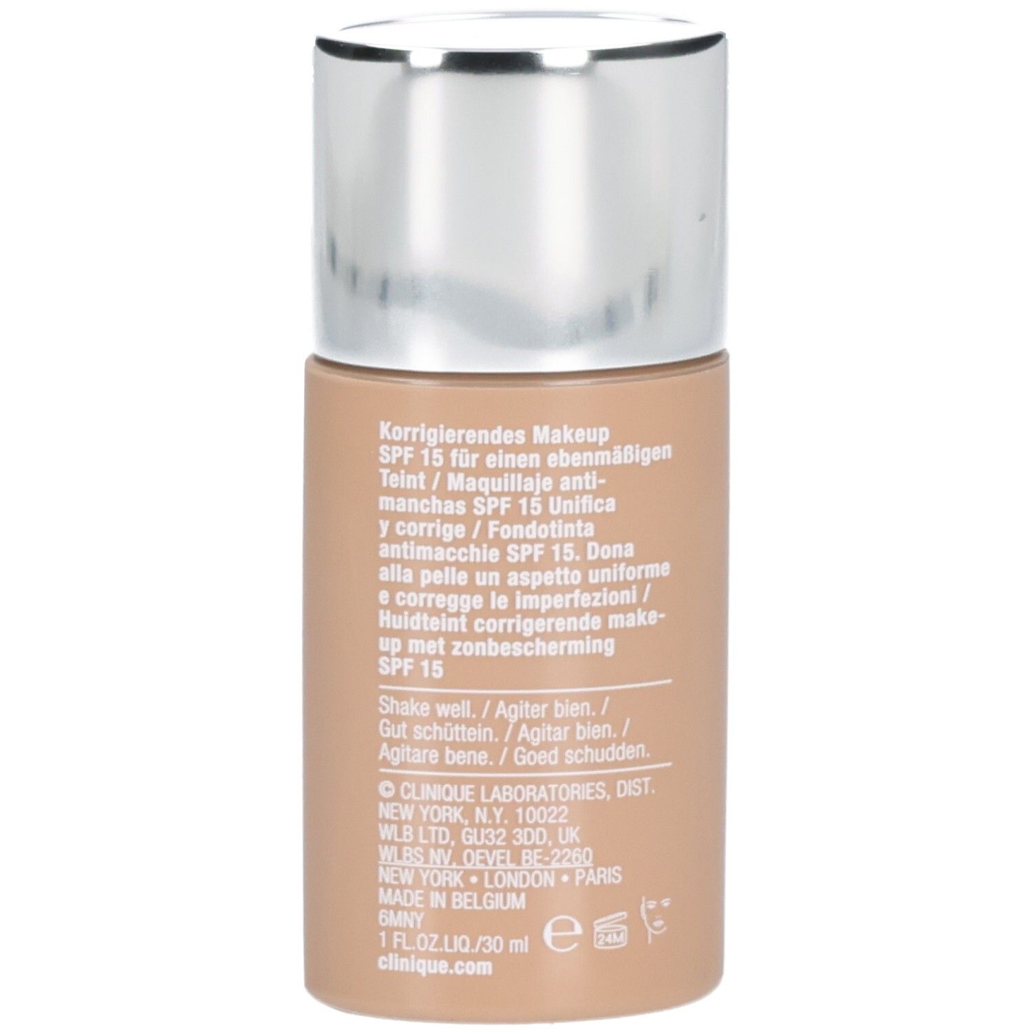 Clinique Korrigierendes Makeup SPF 15, 30 ml Flasche mit silbernem Verschluss.