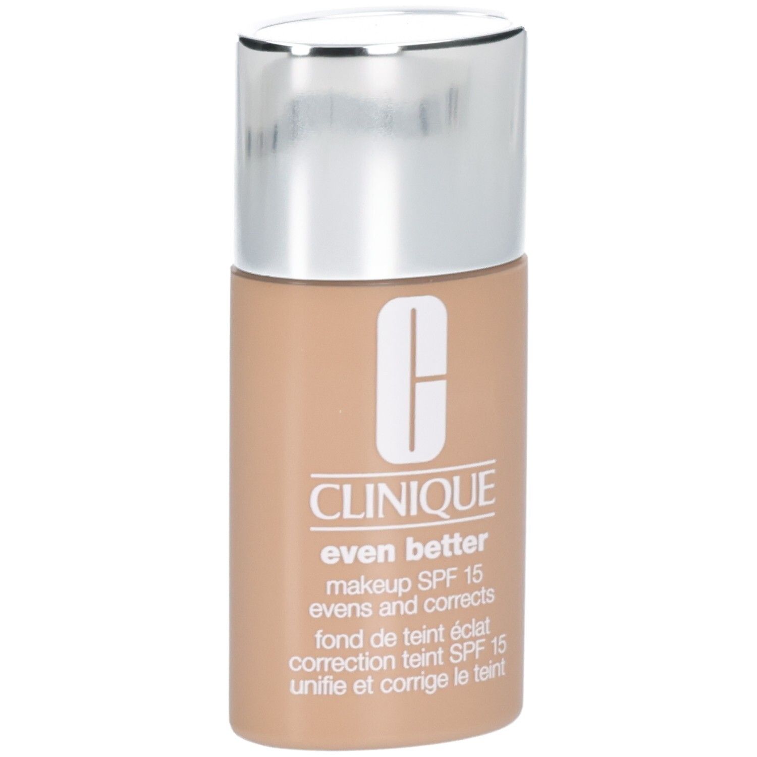 Clinique Even Better Make-up SPF 15 in Beige. Flasche mit silbernem Deckel.