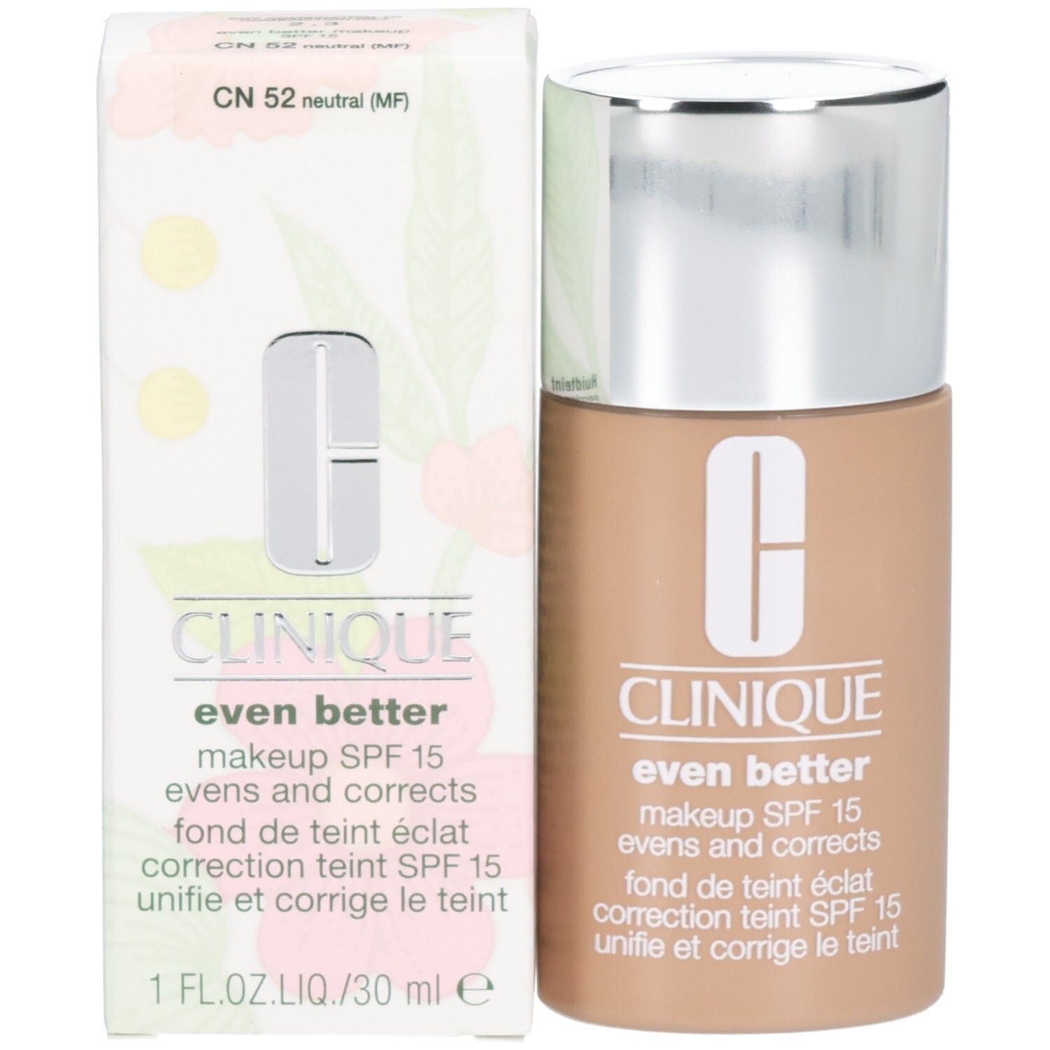 Clinique Even Better Make-up SPF 15, Farbton CN 52 neutral (MF), 30 ml Flasche und Verpackung.