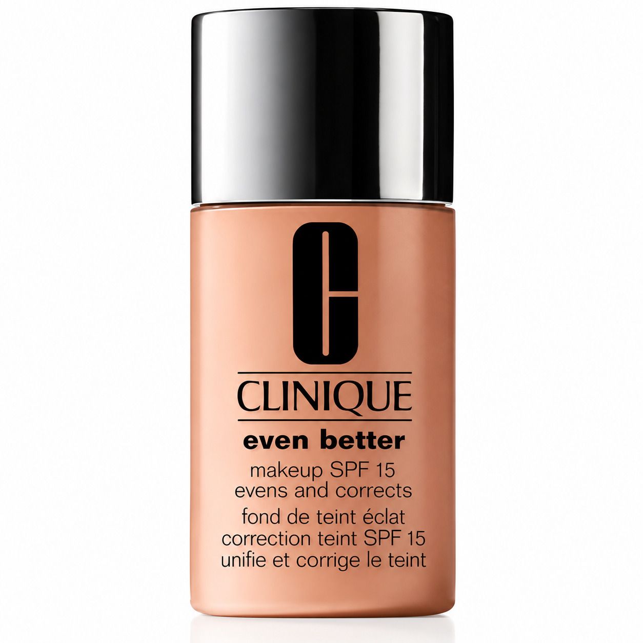 Clinique Even Better Make-up SPF 15 in einem pfirsichfarbenen Flakon mit silbernem Deckel.